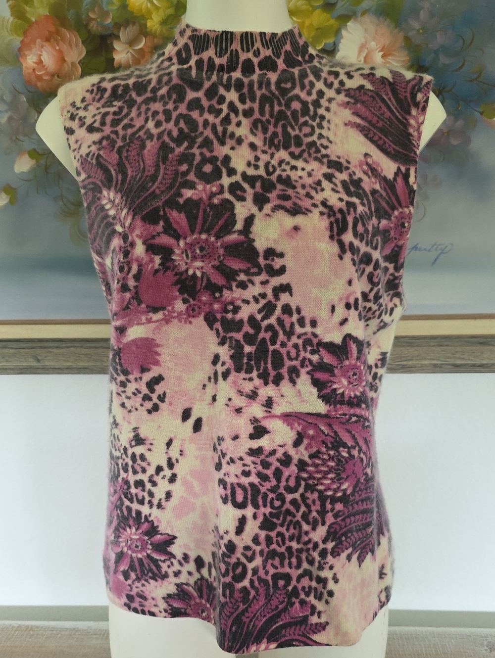 St Johns Collection Sleeveless Floral Leopard Print Mock Neck Top